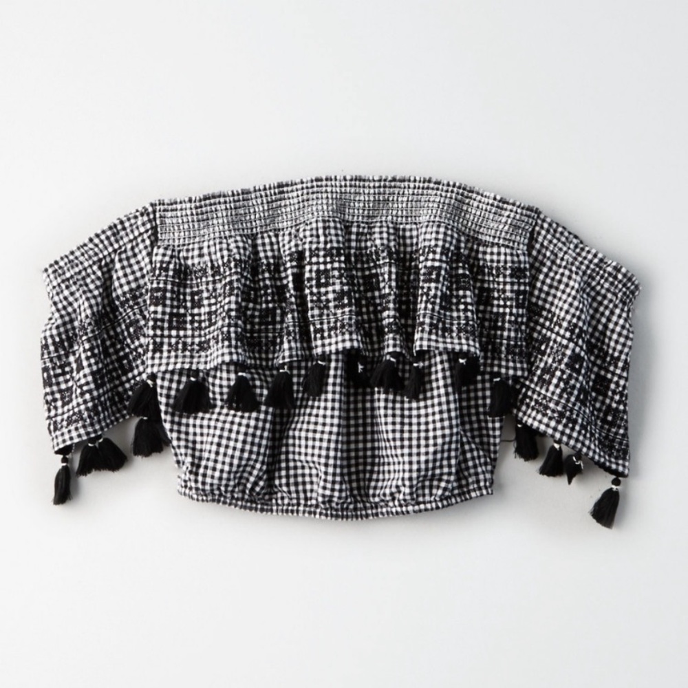 American Eagle Gingham Tassel Off Shoulder CropTop